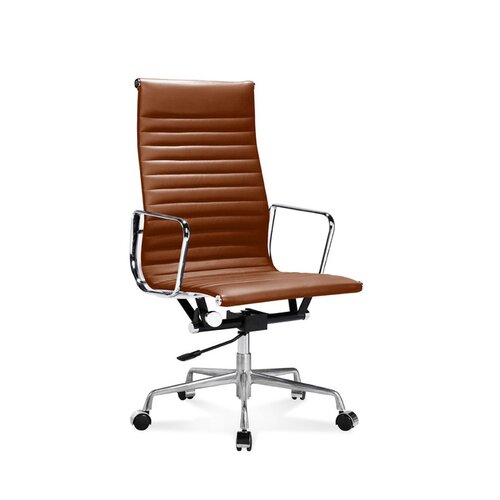 Hoher Eames Office Chair mit geripptem, cognac Leder